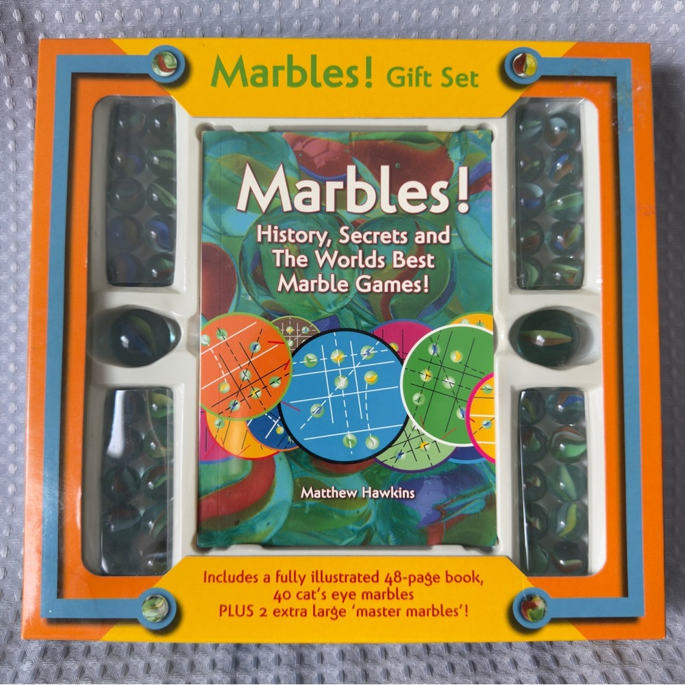 Marbles Gift Set W/Book Mathew Hawkings Cat’s Eyes Glass Marbles Vintage New